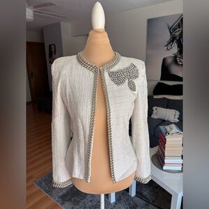 Boston Proper White Tweed Jacket with Silver Chain Trim and Embellished Brooch